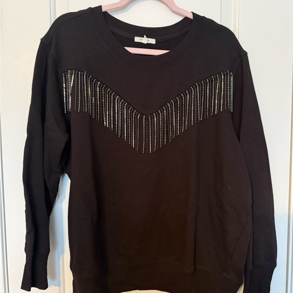 Maurices Black Sweater with Fringe V-Pattern